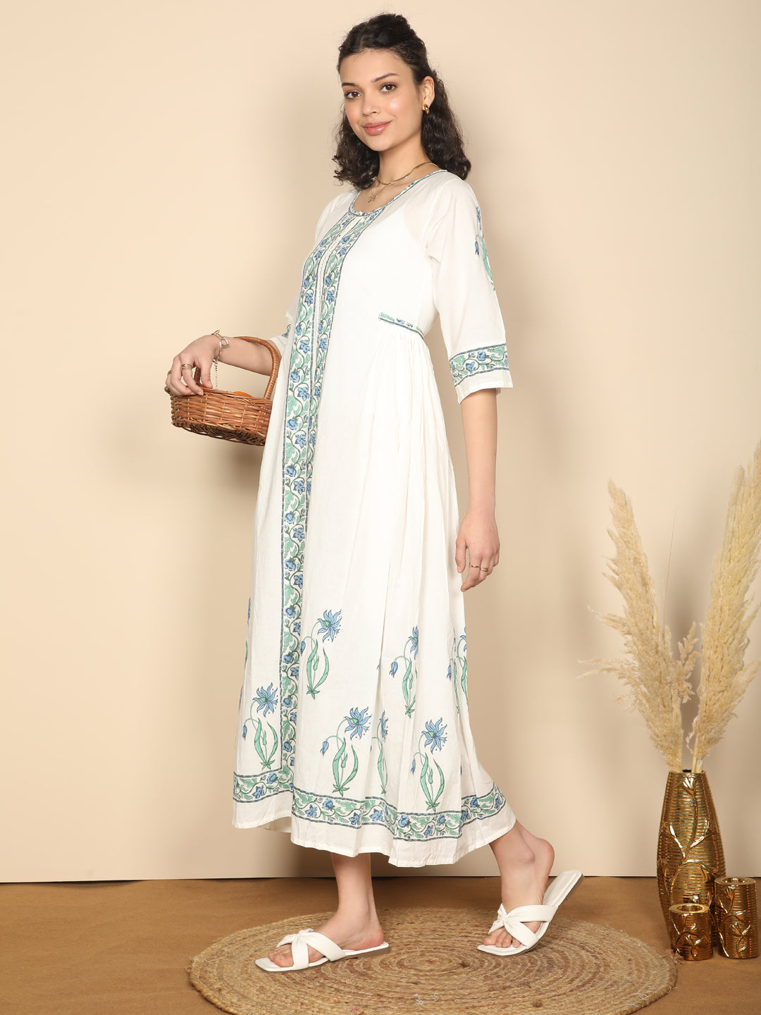 Block printed Blue & white cotton summer dress