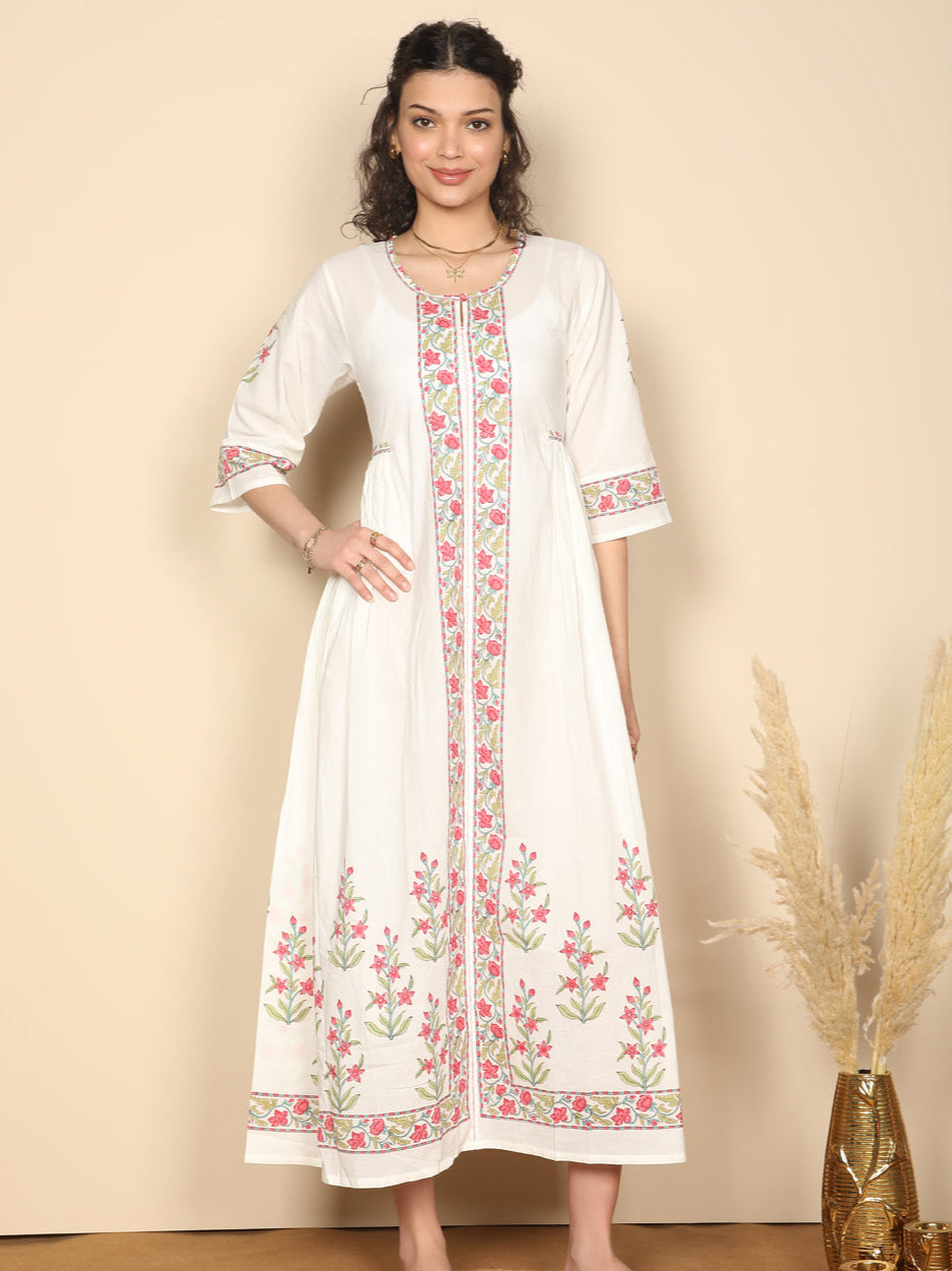 Block printed pink & white long cotton summer dress
