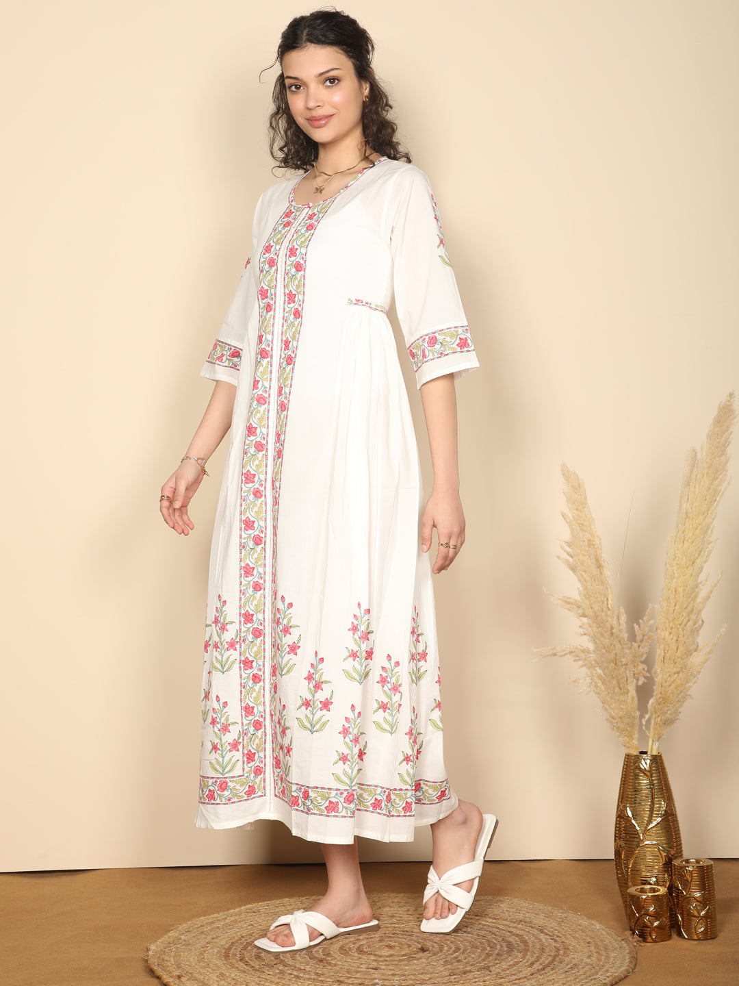 Block printed pink & white long cotton summer dress
