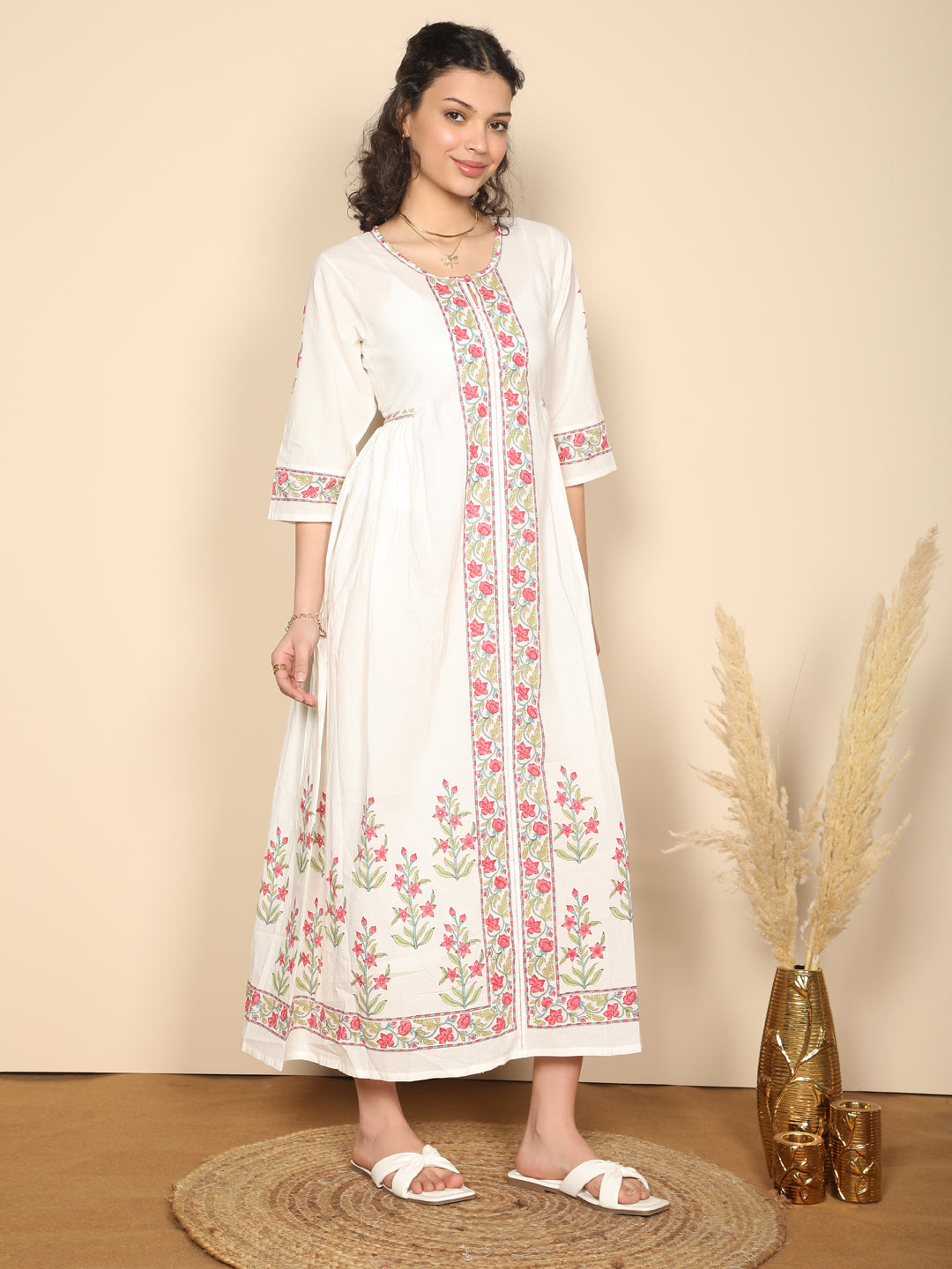 Block printed pink & white long cotton summer dress