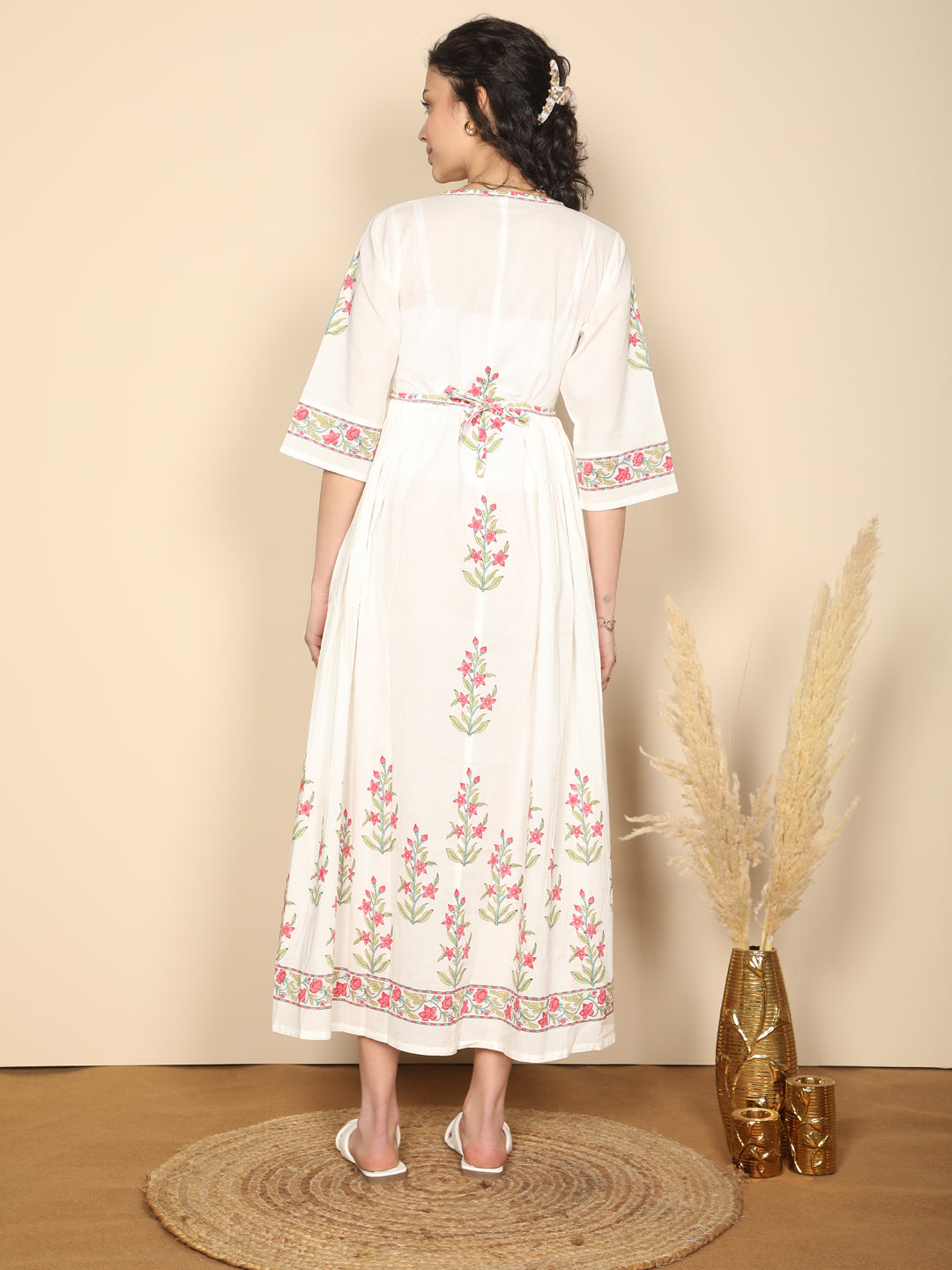 Block printed pink & white long cotton summer dress