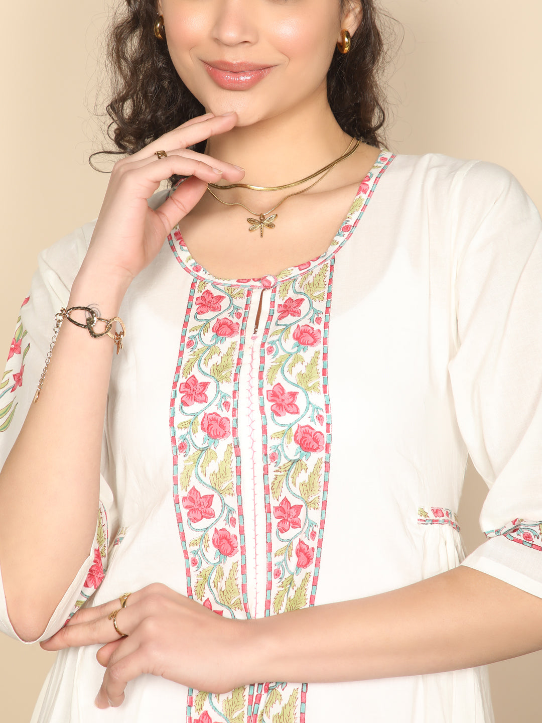 Block printed pink & white long cotton summer dress