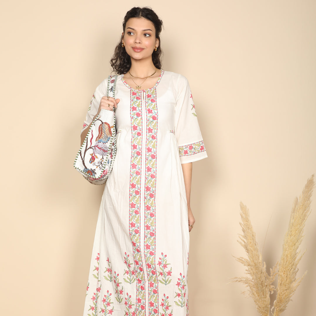 Block printed pink & white long cotton summer dress