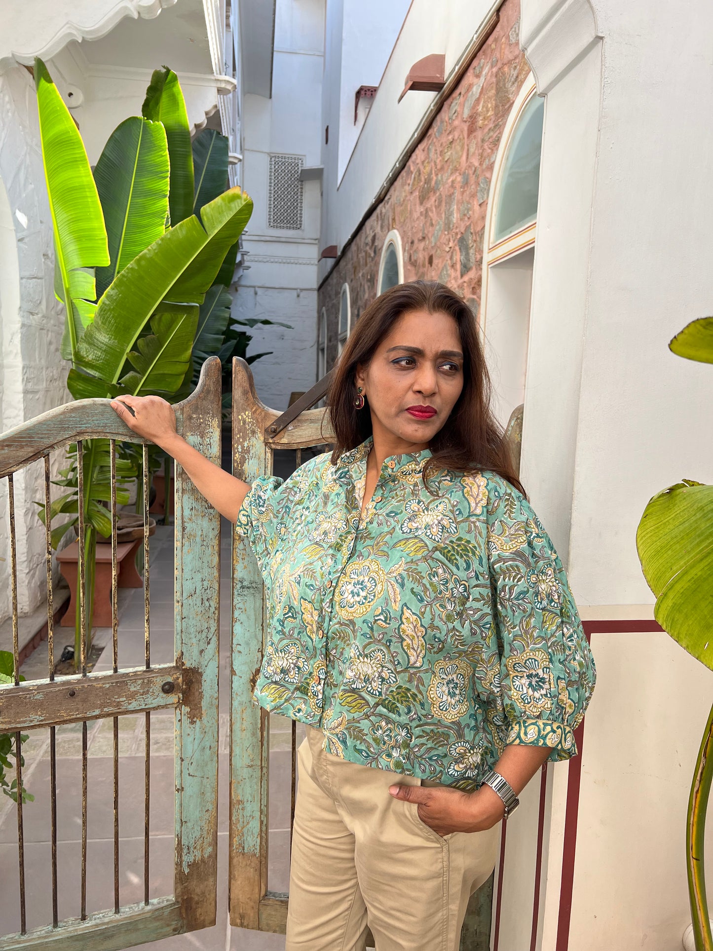 Sea Green block-printed mulmul cotton shirt with baloon sleeves