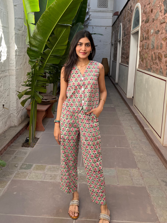Green Hand block Printed co-ord vest and top