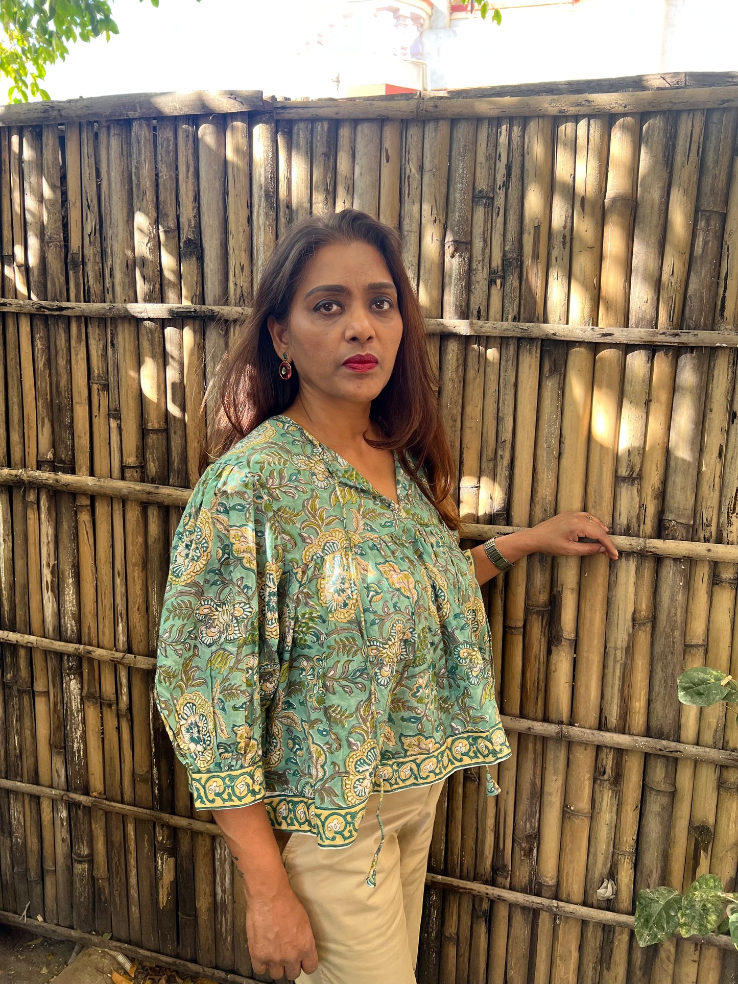 Mulmul block printed cotton Top with balloon sleeves