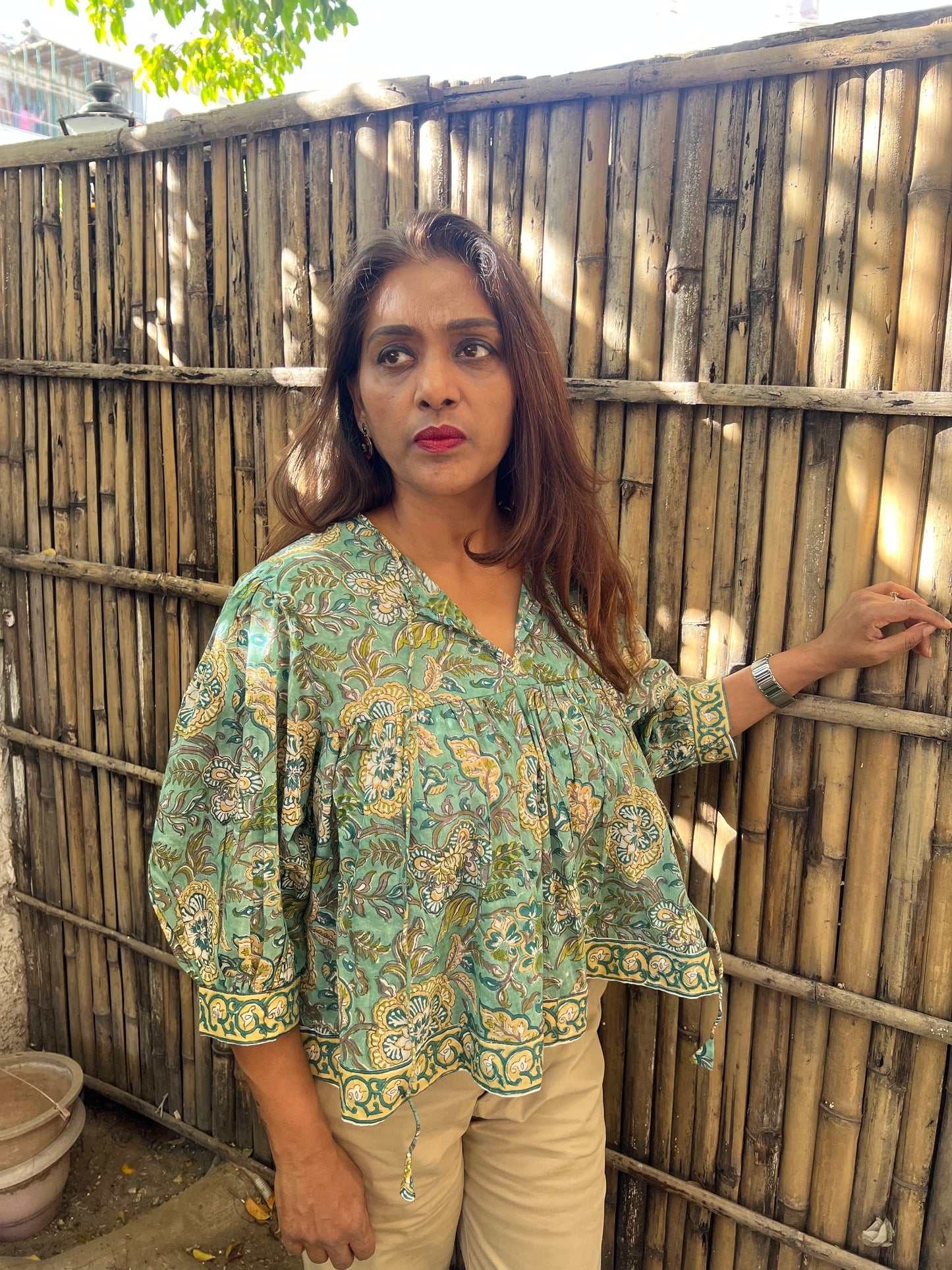 Mulmul block printed cotton Top with balloon sleeves