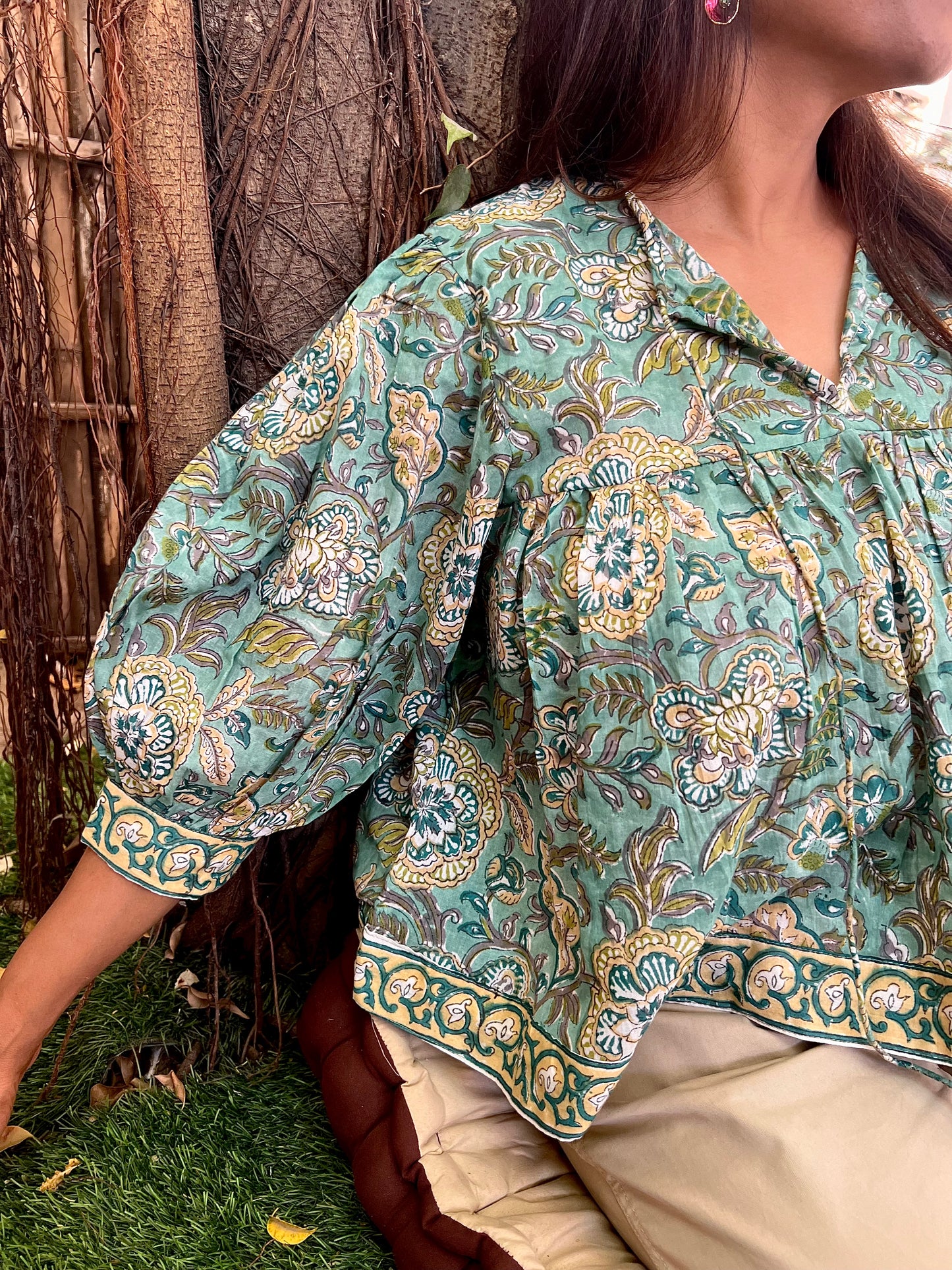 Mulmul block printed cotton Top with balloon sleeves