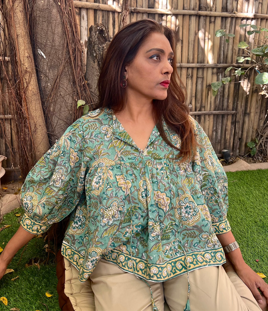 Mulmul block printed cotton Top with balloon sleeves