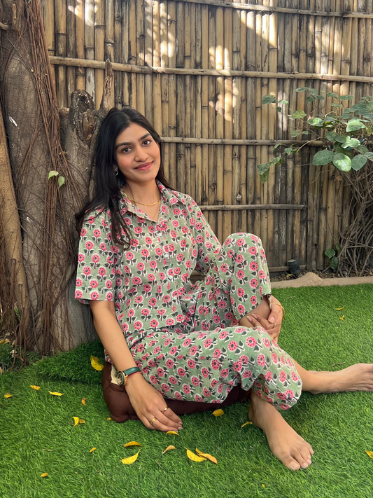 Floral Green Hand block Printed Cotton Lounge Set