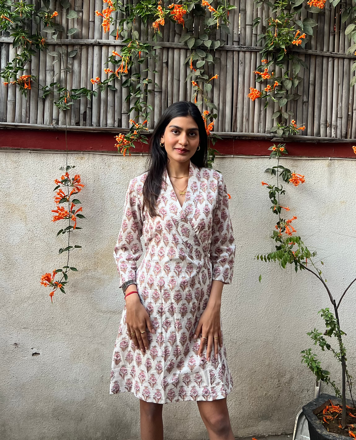 Pink & White Hand block Printed A-Line Dress
