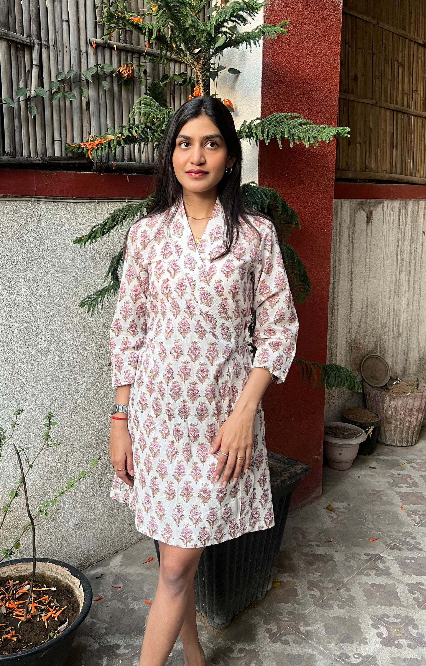 Pink & White Hand block Printed A-Line Dress