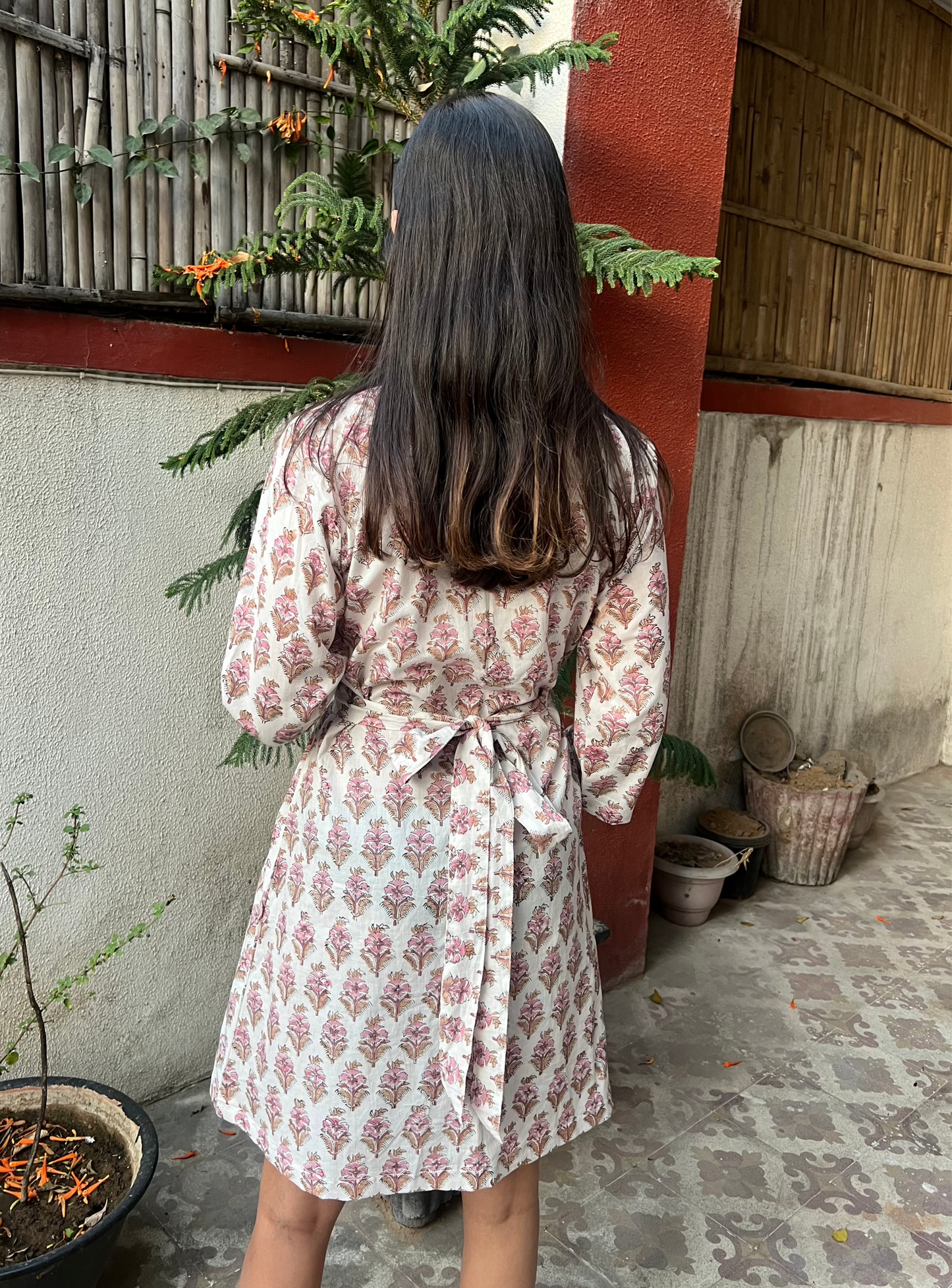 Pink & White Hand block Printed A-Line Dress