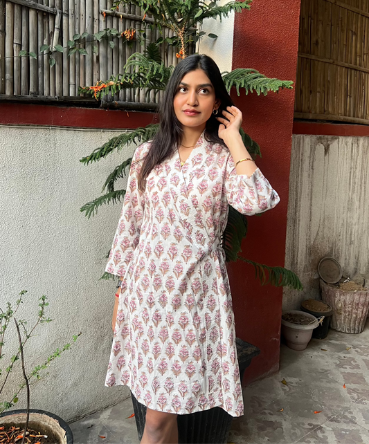 Pink & White Hand block Printed A-Line Dress