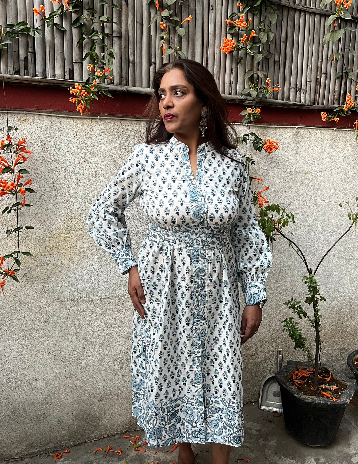 Blue & White Hand block Printed Midi Dress