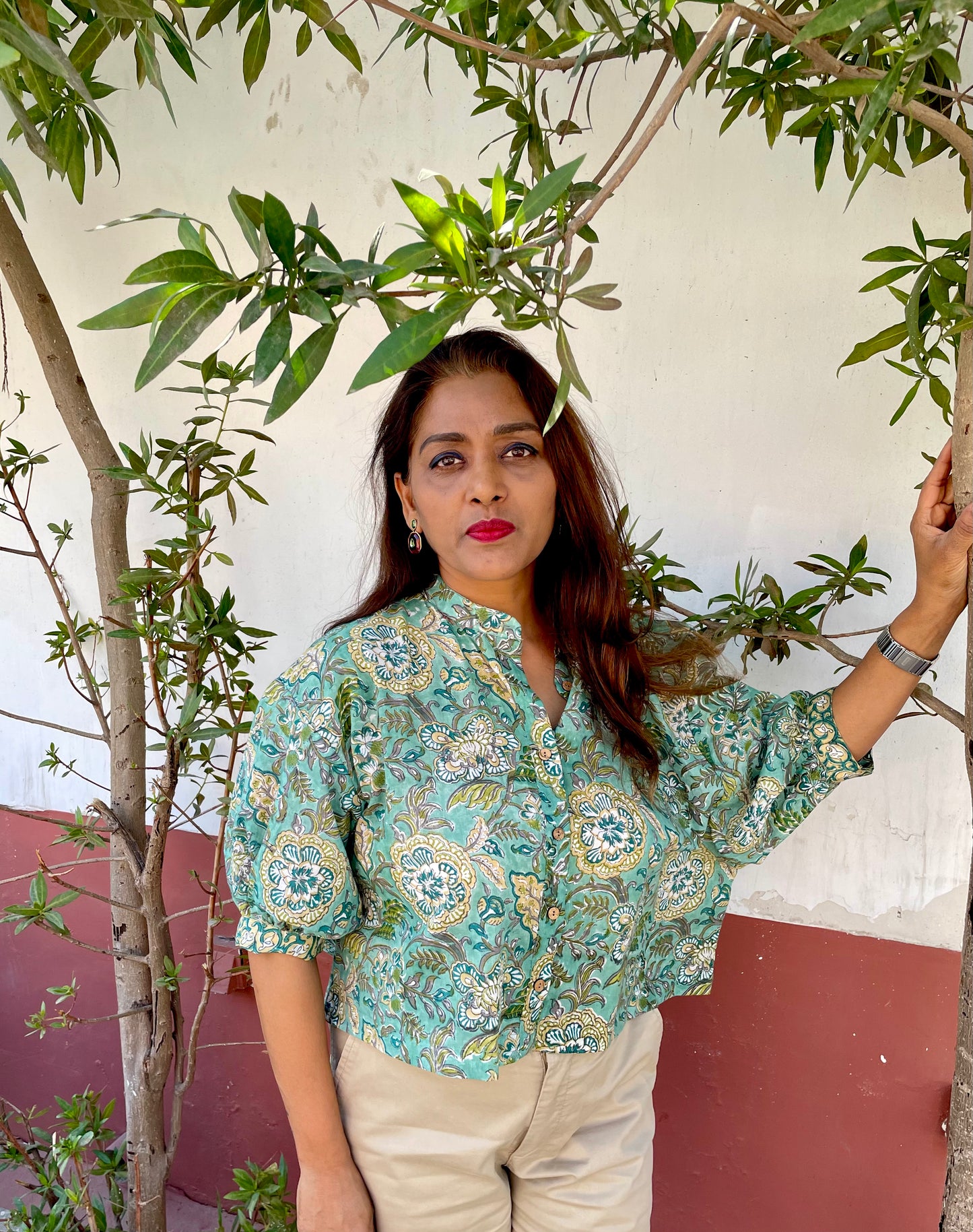 Sea Green block-printed mulmul cotton shirt with baloon sleeves