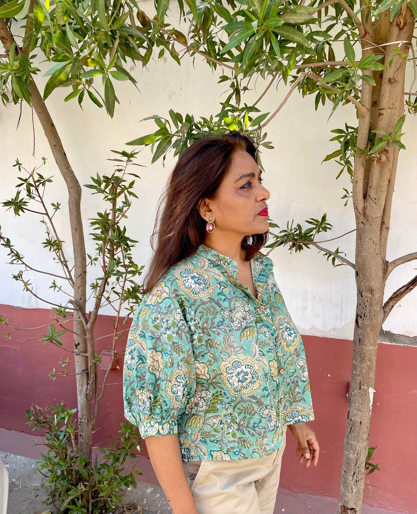 Sea Green block-printed mulmul cotton shirt with baloon sleeves
