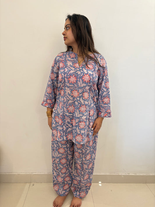 Floral Serenity set - Hand block printed mulmul pink & blue co-ord Set