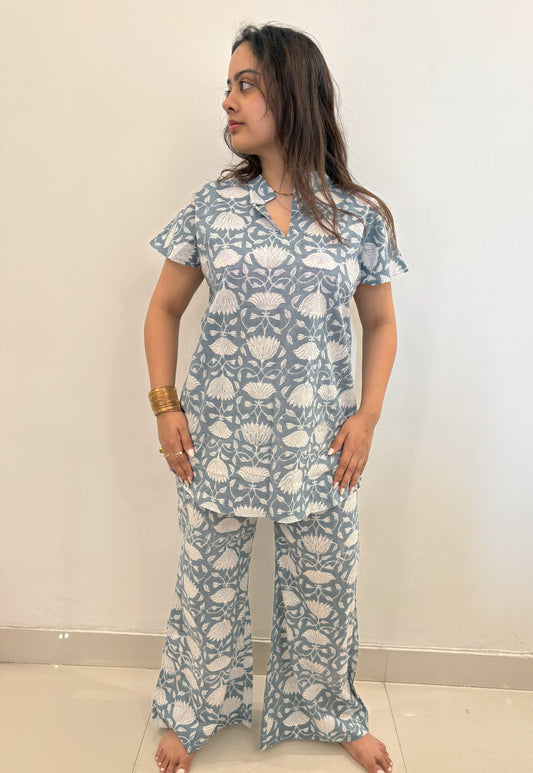 White Lotus set - Hand block printed mulmul white & blue co-ord Set