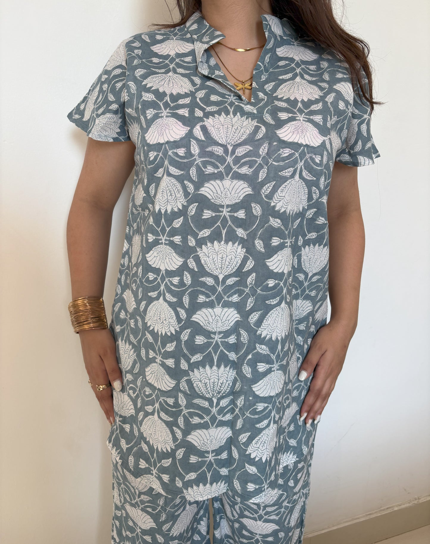 White Lotus set - Hand block printed mulmul white & blue co-ord Set