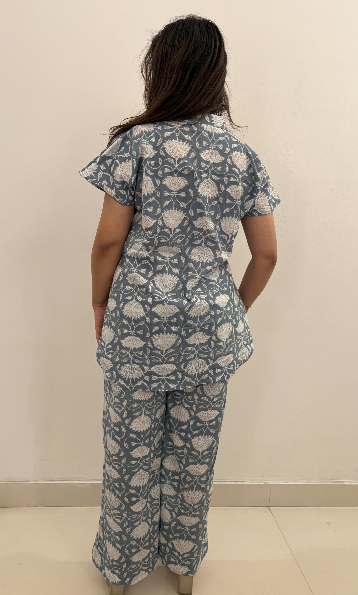 White Lotus set - Hand block printed mulmul white & blue co-ord Set