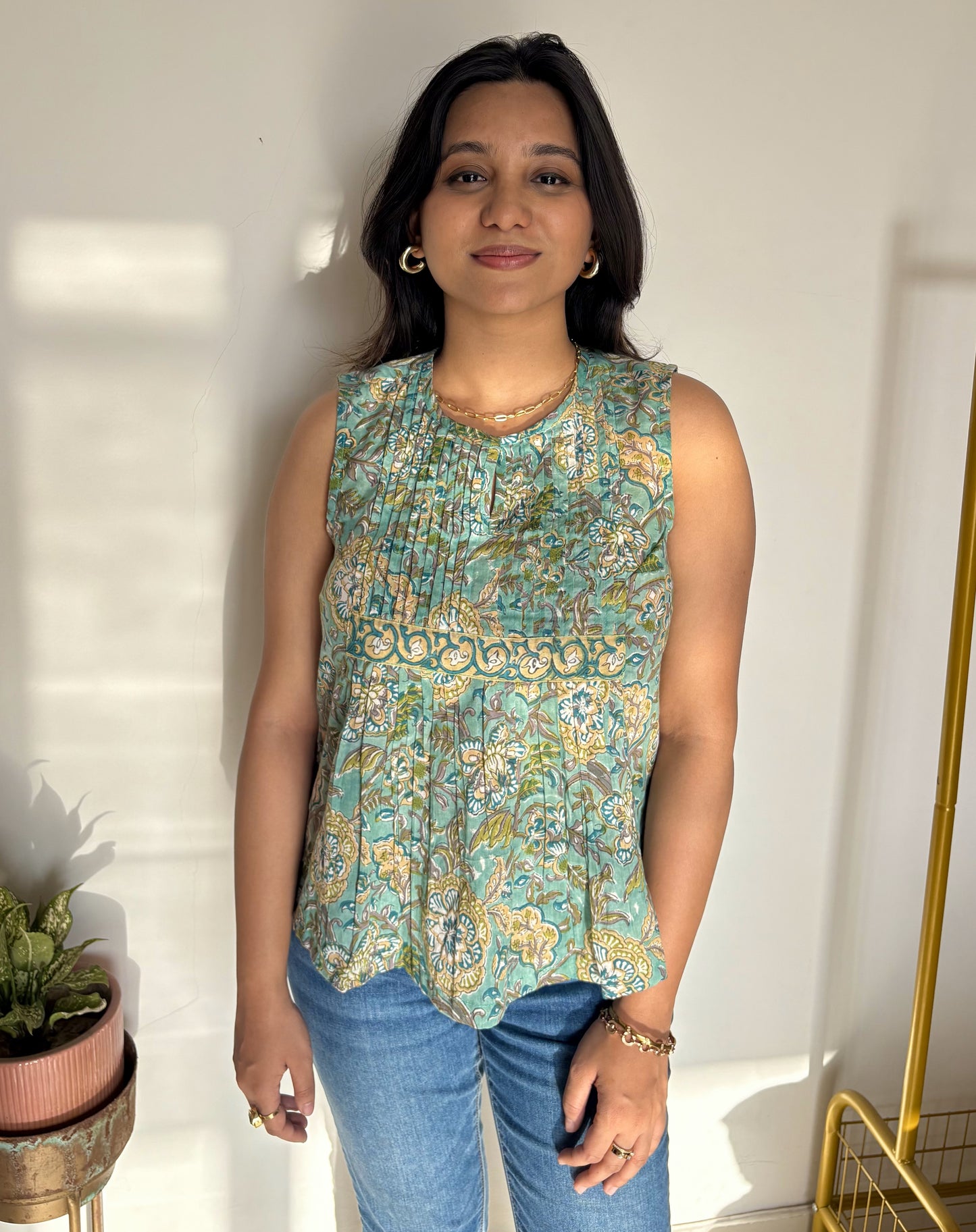 Timeless Green pintucks top-Hand Block Printed mulmul