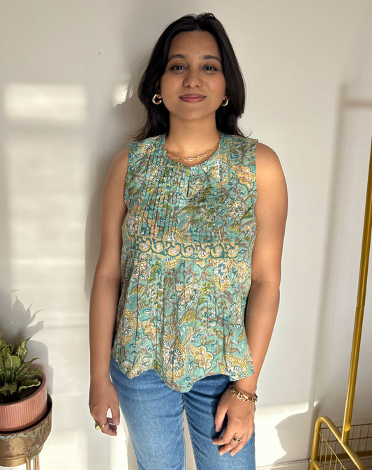 Timeless Green pintucks top-Hand Block Printed mulmul