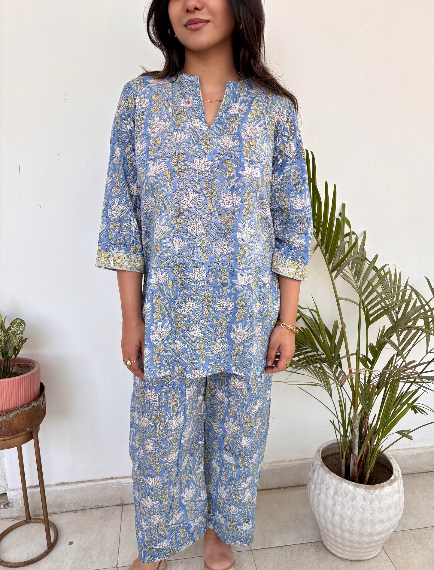 Blue & yellow mulmul co-ord set