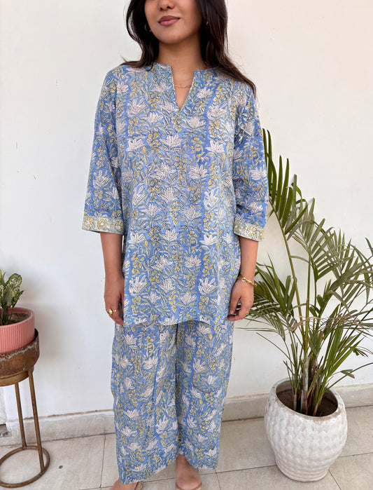 Blue & yellow mulmul co-ord set