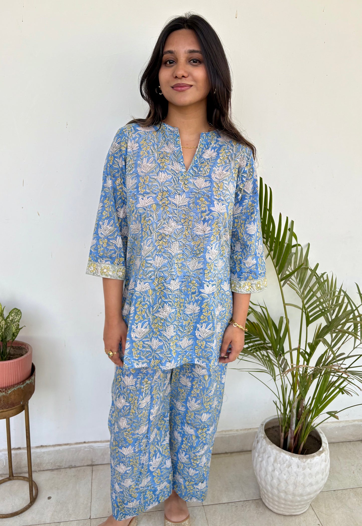 Blue & yellow mulmul co-ord set