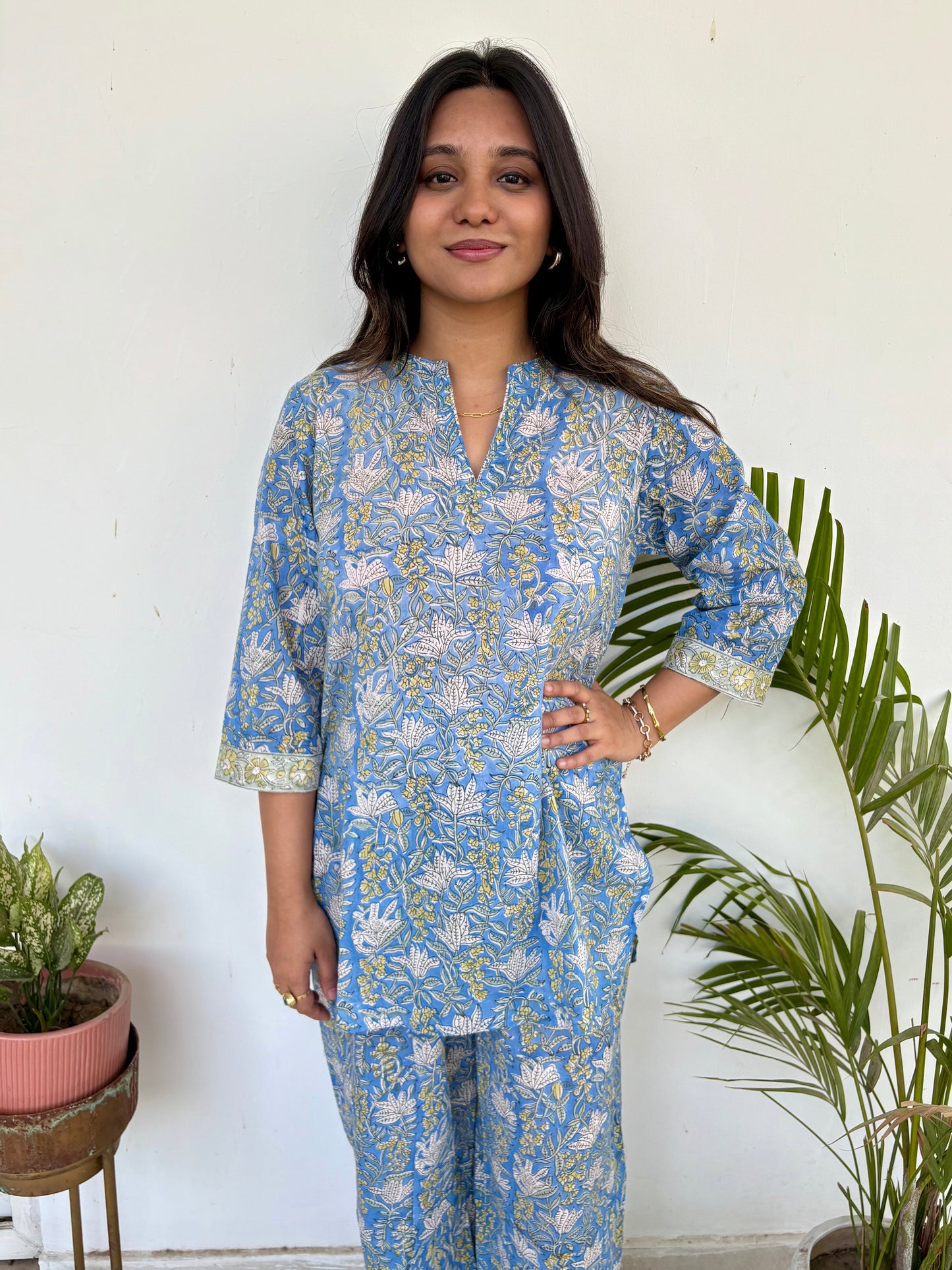 Blue & yellow mulmul co-ord set