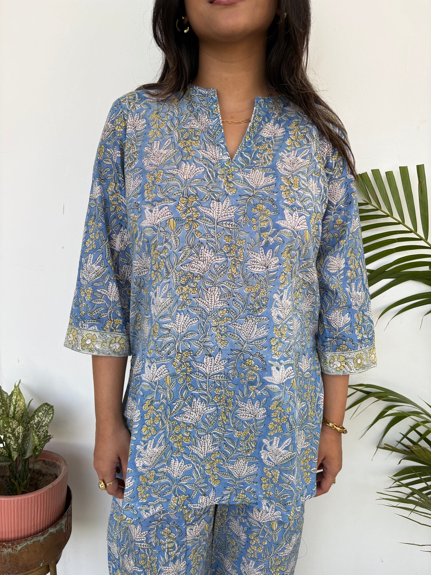 Blue & yellow mulmul co-ord set