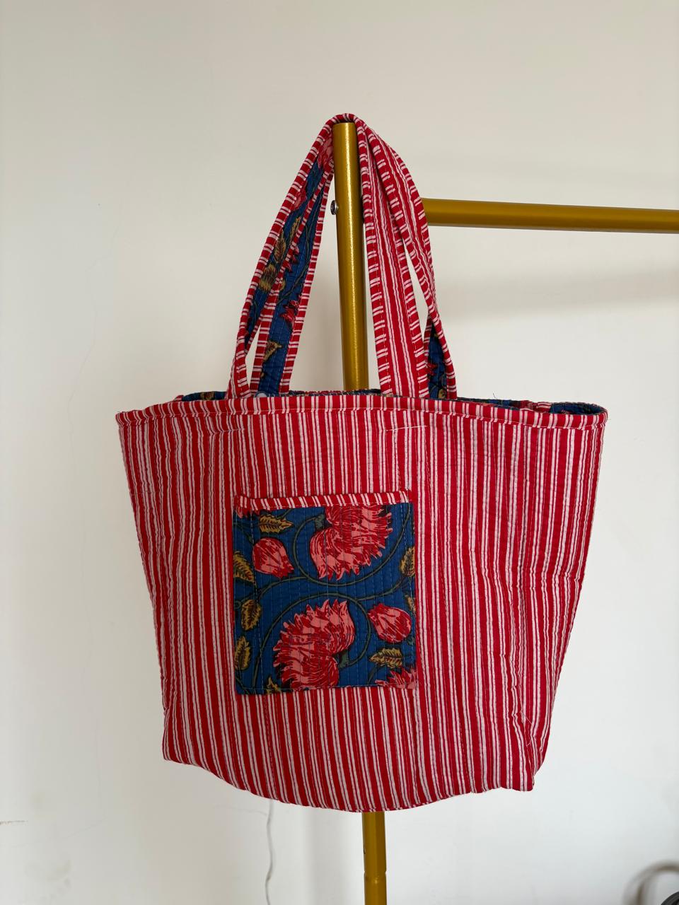 Red quilted tote bag