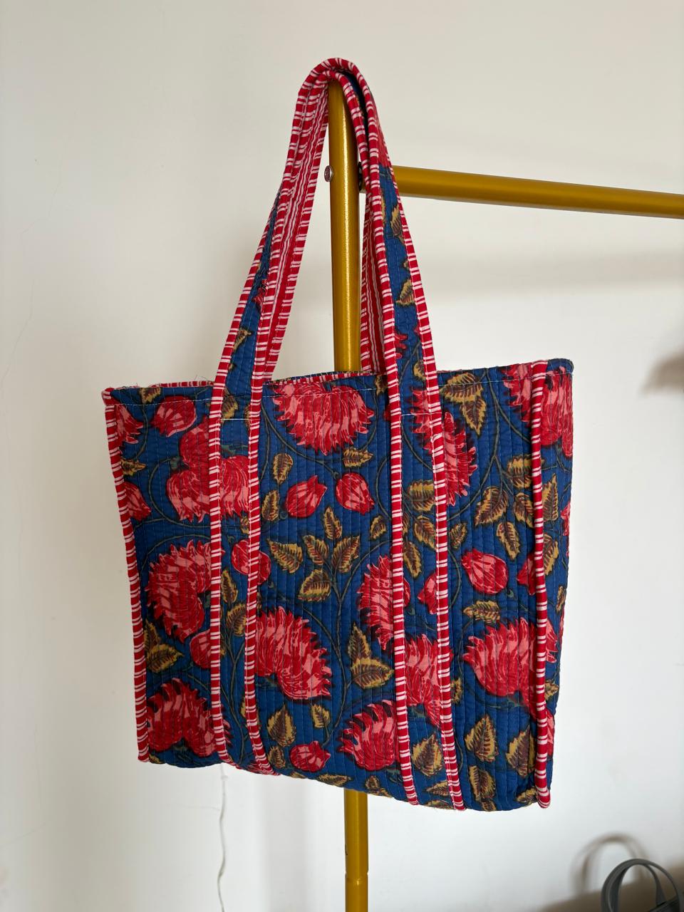 Red quilted tote bag