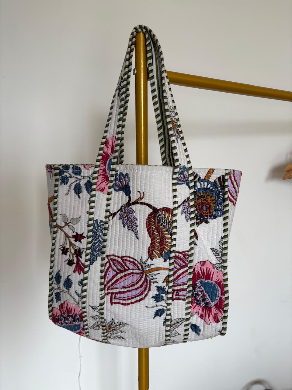 Green quilted tote bag