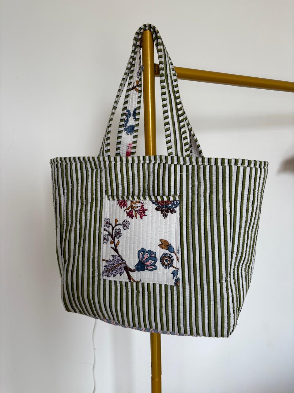 Green quilted tote bag